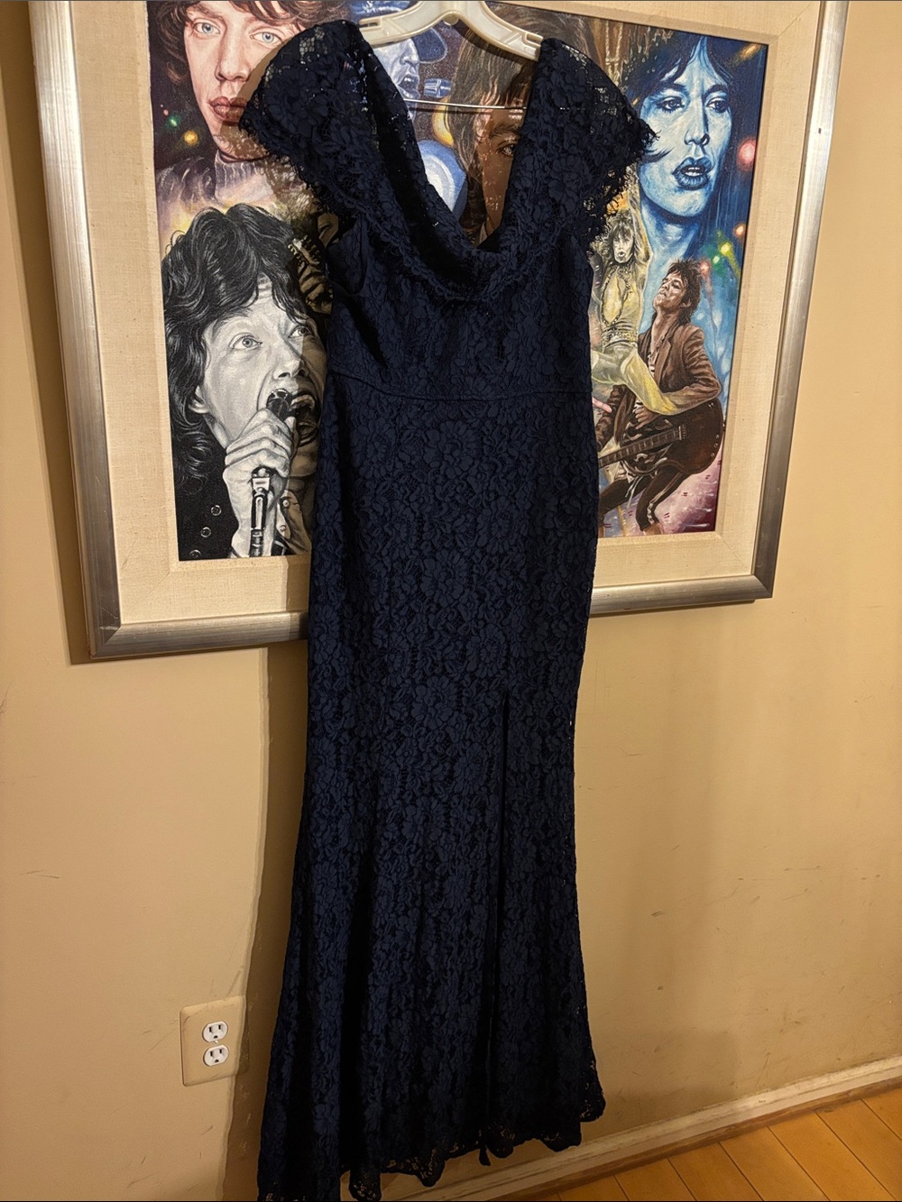 Lulus Elegant Navy Lace Cap-Sleeve Evening Dress